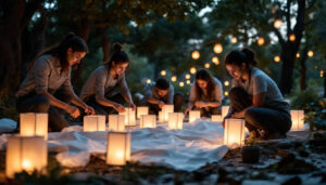 A photograph of a group of people working together to set up and arrange lanterns in an outdoor setting