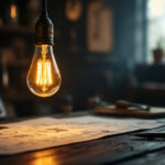A photograph of an illuminated vintage light bulb glowing softly in a dimly lit workshop