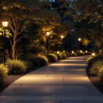 A photograph of a well-lit outdoor space featuring solar led lights illuminating pathways