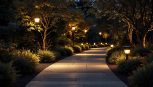 A photograph of a well-lit outdoor space featuring solar led lights illuminating pathways