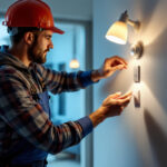 A photograph of a lighting contractor installing a movement detector switch in a residential or commercial setting