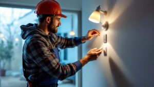 A photograph of a lighting contractor installing a movement detector switch in a residential or commercial setting