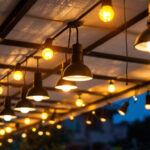 A photograph of a well-lit commercial canopy showcasing various lighting fixtures