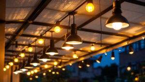 A photograph of a well-lit commercial canopy showcasing various lighting fixtures
