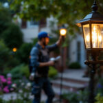 A photograph of a lighting contractor installing a stylish gas light in a charming outdoor setting