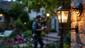 A photograph of a lighting contractor installing a stylish gas light in a charming outdoor setting