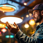 A photograph of a lighting contractor installing or showcasing vibrant ufo led lights in a modern outdoor or indoor setting