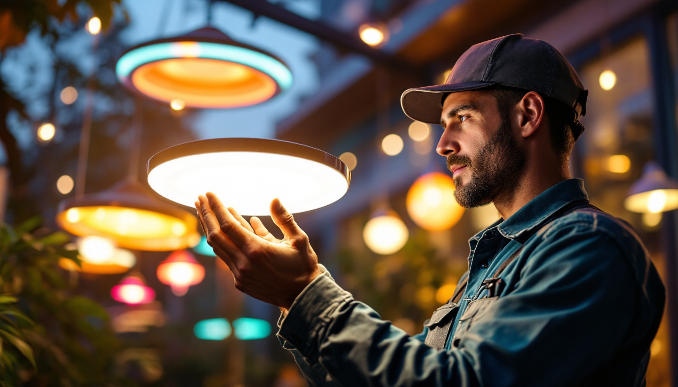 A photograph of a lighting contractor installing or showcasing vibrant ufo led lights in a modern outdoor or indoor setting