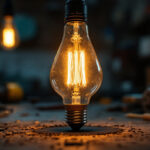 A photograph of a vintage light bulb glowing warmly in a dimly lit setting