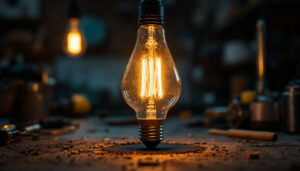 A photograph of a vintage light bulb glowing warmly in a dimly lit setting