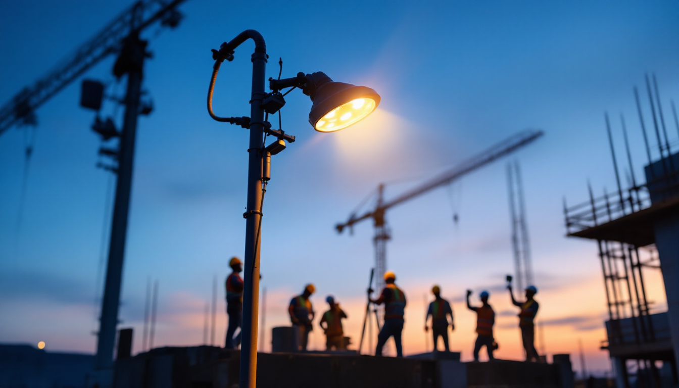 A photograph of a well-lit outdoor security lamp illuminating a construction site at dusk