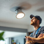 A photograph of a lighting contractor expertly retrofitting a recessed can light in a modern ceiling