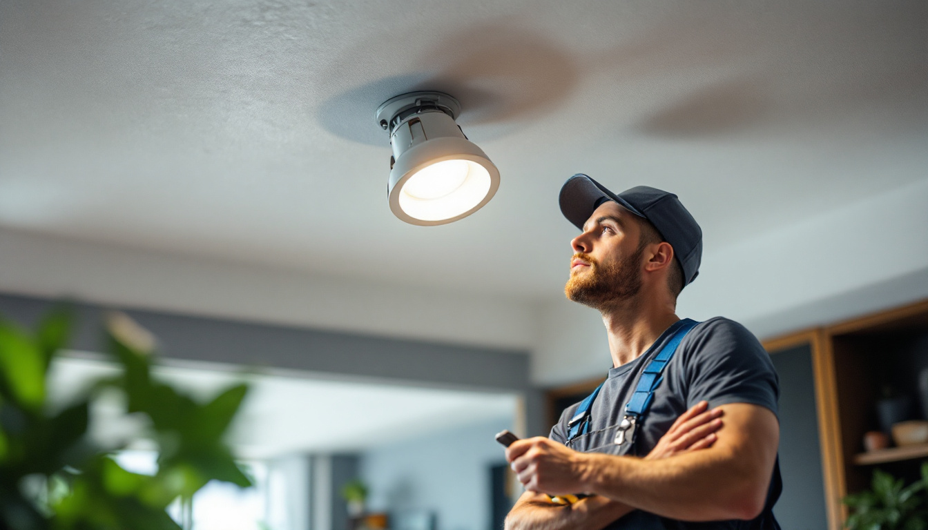 A photograph of a lighting contractor expertly retrofitting a recessed can light in a modern ceiling