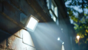 A photograph of a lighting contractor installing a high-quality led floodlight in an outdoor setting