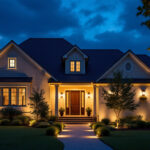 A photograph of a beautifully illuminated home exterior at dusk