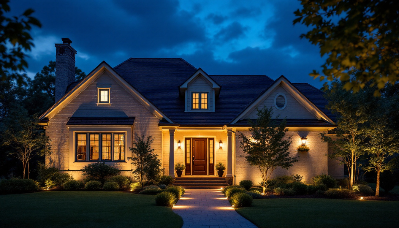 A photograph of a beautifully illuminated home exterior at dusk