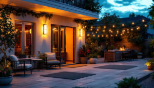 A photograph of a beautifully illuminated outdoor space at dusk