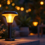 A photograph of a beautifully designed solar led lamp outdoors at dusk