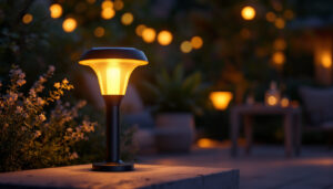A photograph of a beautifully designed solar led lamp outdoors at dusk