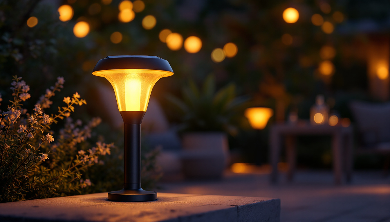 A photograph of a beautifully designed solar led lamp outdoors at dusk