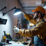 A photograph of a lighting contractor expertly installing a light mounting bracket in a well-lit workspace