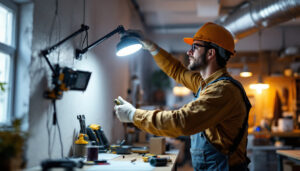 A photograph of a lighting contractor expertly installing a light mounting bracket in a well-lit workspace