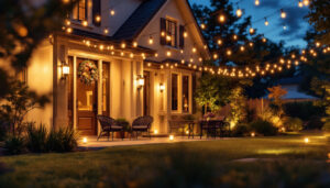 A photograph of a beautifully lit outdoor space showcasing led house lights in a residential setting