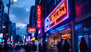 A photograph of a vibrant led sign installation in a bustling urban environment at dusk