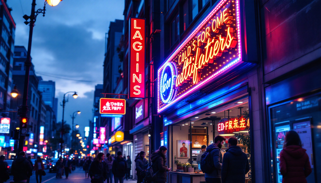 A photograph of a vibrant led sign installation in a bustling urban environment at dusk