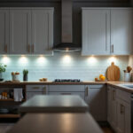 A photograph of a well-lit kitchen featuring high-lumen puck lights installed under the cabinets