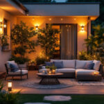 A photograph of a beautifully illuminated patio at dusk