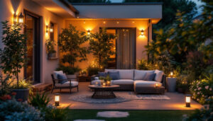 A photograph of a beautifully illuminated patio at dusk