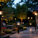 A photograph of a beautifully lit outdoor space showcasing a variety of stylish post lighting fixtures in an inviting garden or patio setting