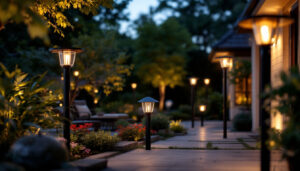 A photograph of a beautifully lit outdoor space showcasing a variety of stylish post lighting fixtures in an inviting garden or patio setting