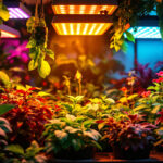 A photograph of a vibrant indoor garden illuminated by various grow lamps