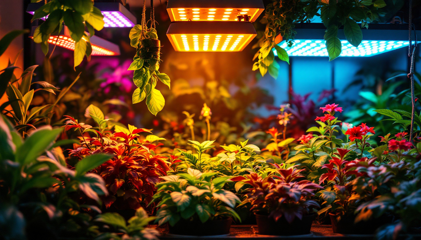 A photograph of a vibrant indoor garden illuminated by various grow lamps