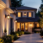 A photograph of a beautifully illuminated outdoor space featuring various styles of house lights