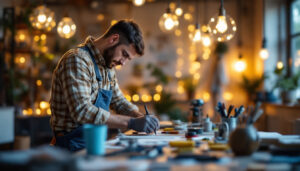 A photograph of a skilled lighting contractor at work
