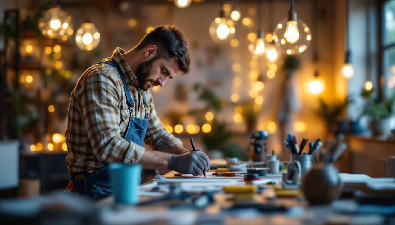 A photograph of a skilled lighting contractor at work
