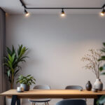 A photograph of a modern interior space showcasing sleek short track lighting in action
