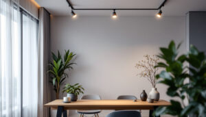 A photograph of a modern interior space showcasing sleek short track lighting in action