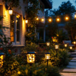 A photograph of a well-lit outdoor space showcasing various styles of solar lights installed in a garden or patio setting