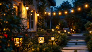 A photograph of a well-lit outdoor space showcasing various styles of solar lights installed in a garden or patio setting