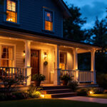 A photograph of a beautifully illuminated porch at dusk