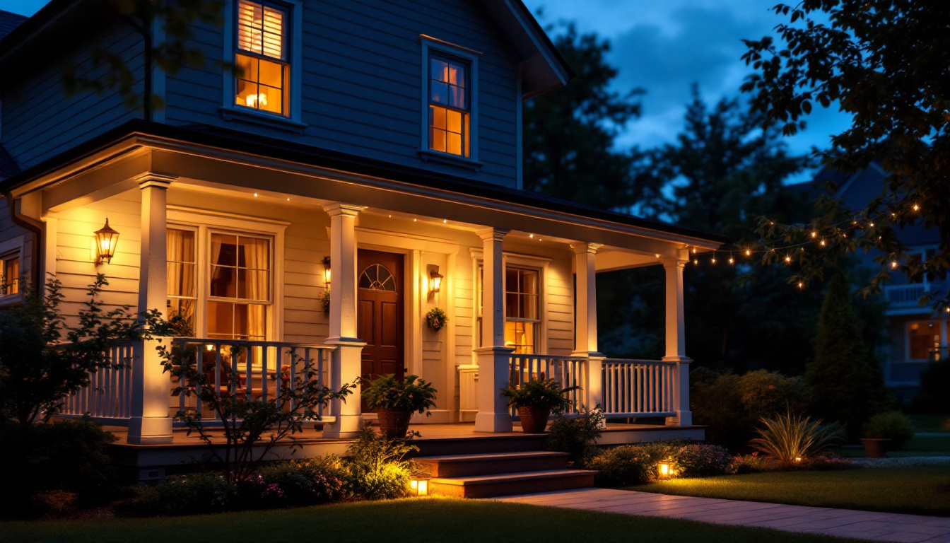 A photograph of a beautifully illuminated porch at dusk
