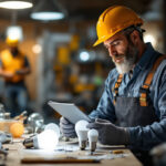 A photograph of a lighting contractor examining a variety of energy-efficient light bulbs in a well-lit workshop