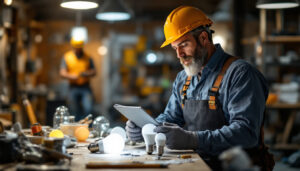A photograph of a lighting contractor examining a variety of energy-efficient light bulbs in a well-lit workshop