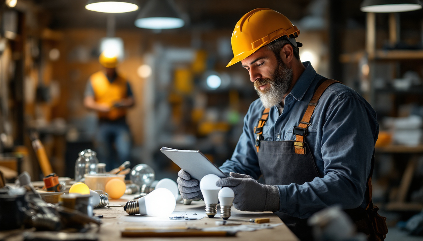 A photograph of a lighting contractor examining a variety of energy-efficient light bulbs in a well-lit workshop
