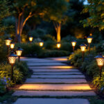 A photograph of a beautifully landscaped garden at twilight