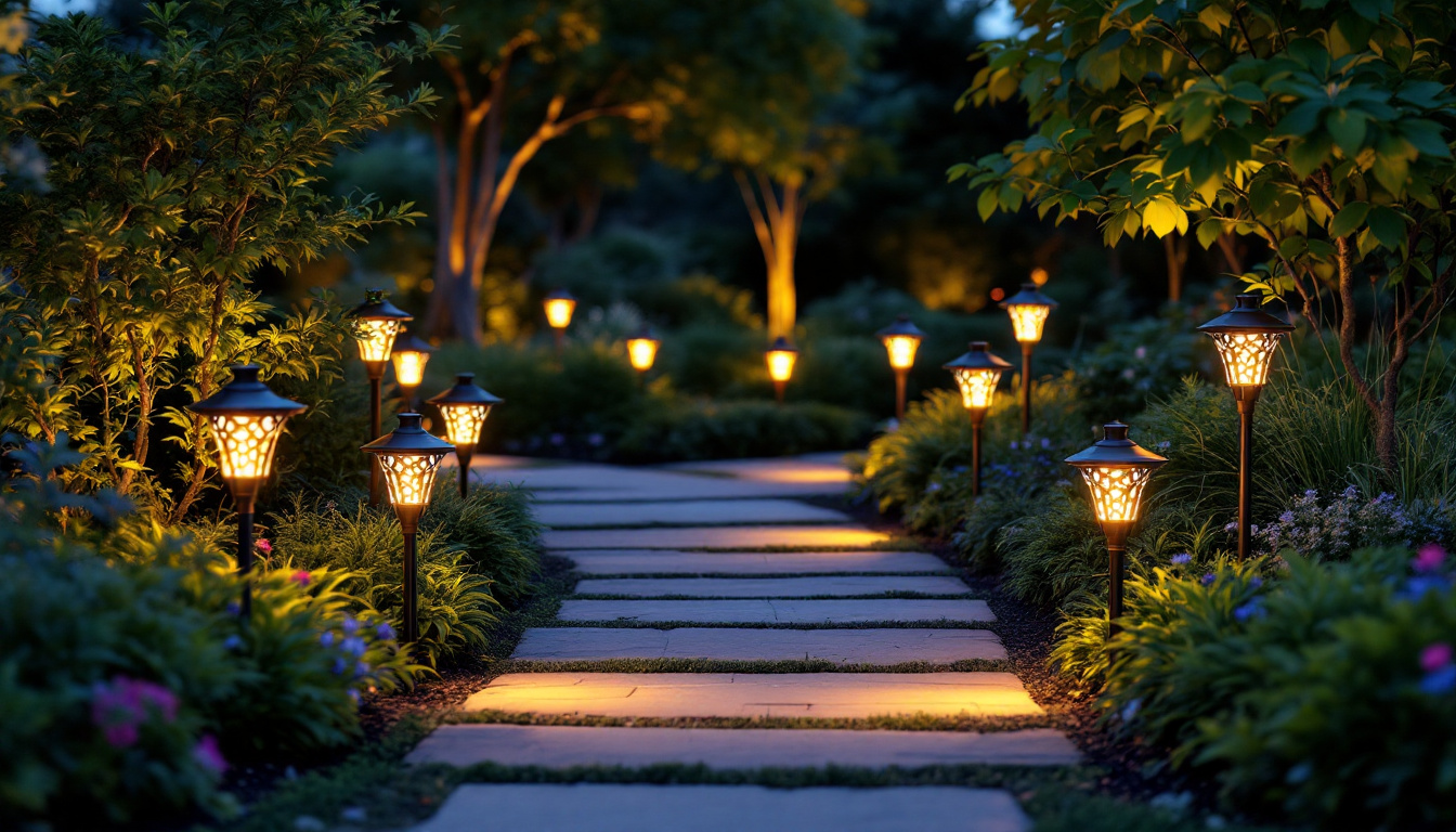 A photograph of a beautifully landscaped garden at twilight